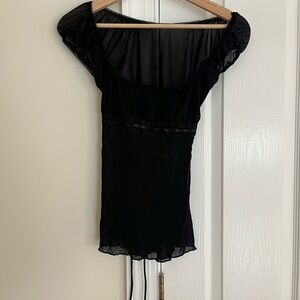 Sheer black peasant top with tie back